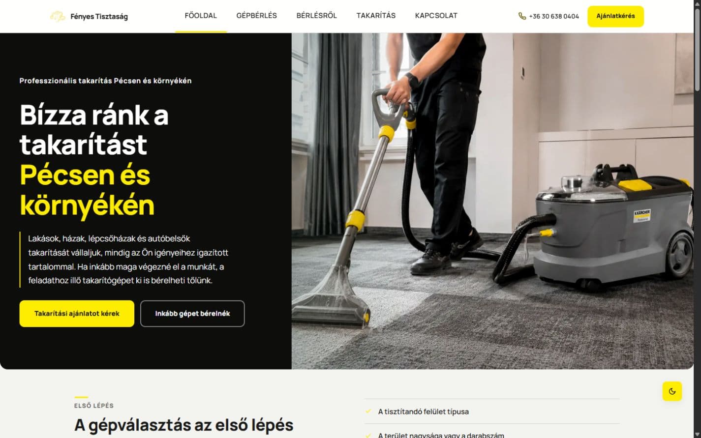 A Fényes Tisztaság weboldal képernyőképe a navigációval és a nyitó szakasszal.