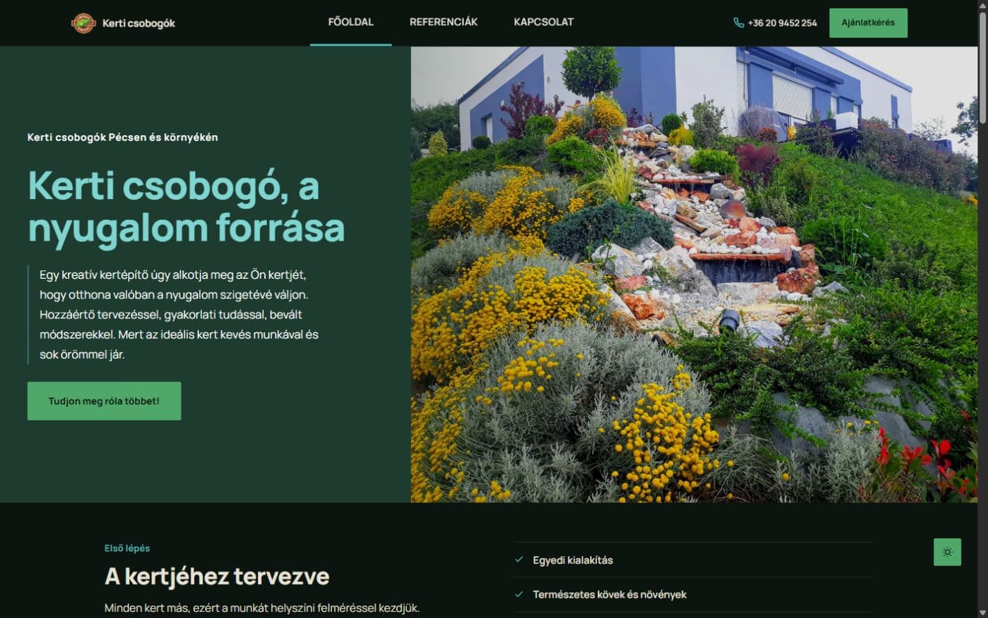 A Kerti Csobogók weboldal képernyőképe a navigációval és a nyitó szakasszal.
